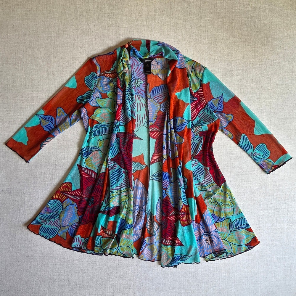 Ali Miles Floral Mesh Open Front Cardigan Duster Longline Artsy  Resort Womens S - Picture 9 of 9